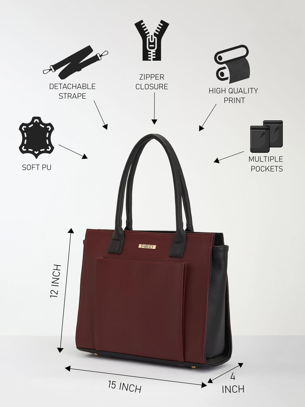 Fargo Amara Vegan Leather Tote Bag for Women | Laptop Compartment, RFID Pockets, YKK Zipper, Large Office Handbag | Shoulder Bag for College & Daily Use | Made in India (Maroon)