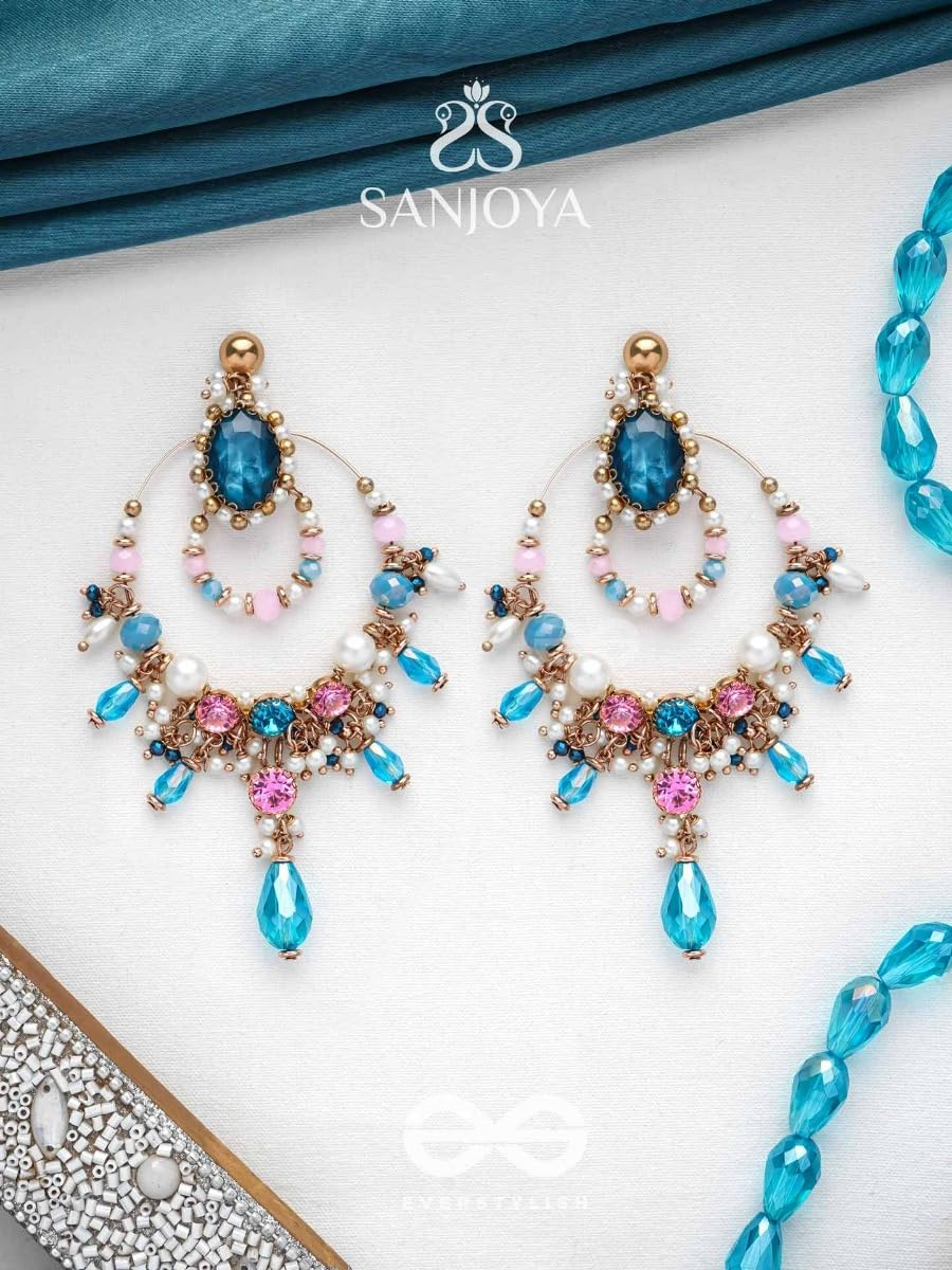 SANJOYA by EVERSTYLISH Embroidered Earrings for Women | Hoop Earrings with Stones, Beads, Pearls & Glass Drops | Lightweight Ethnic & Festive Jewelry for Weddings & Parties (Blue)