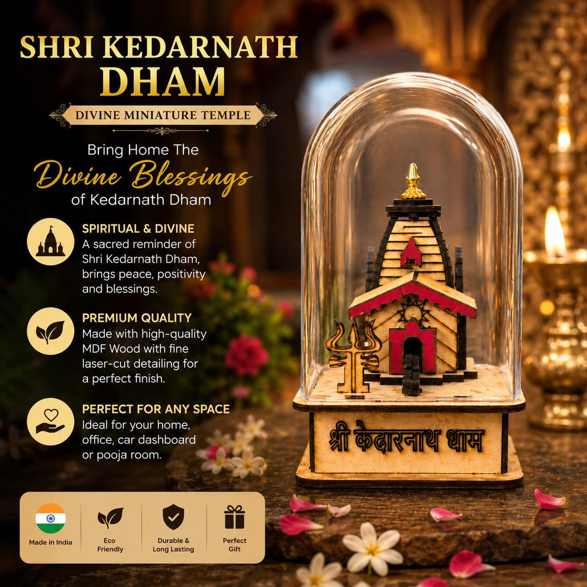 Sacred Kedarnath Dham 3D Glass Model for Home Temple & Office – Unique Wooden Showpiece of Lord Shiva Temple | Religious Gift