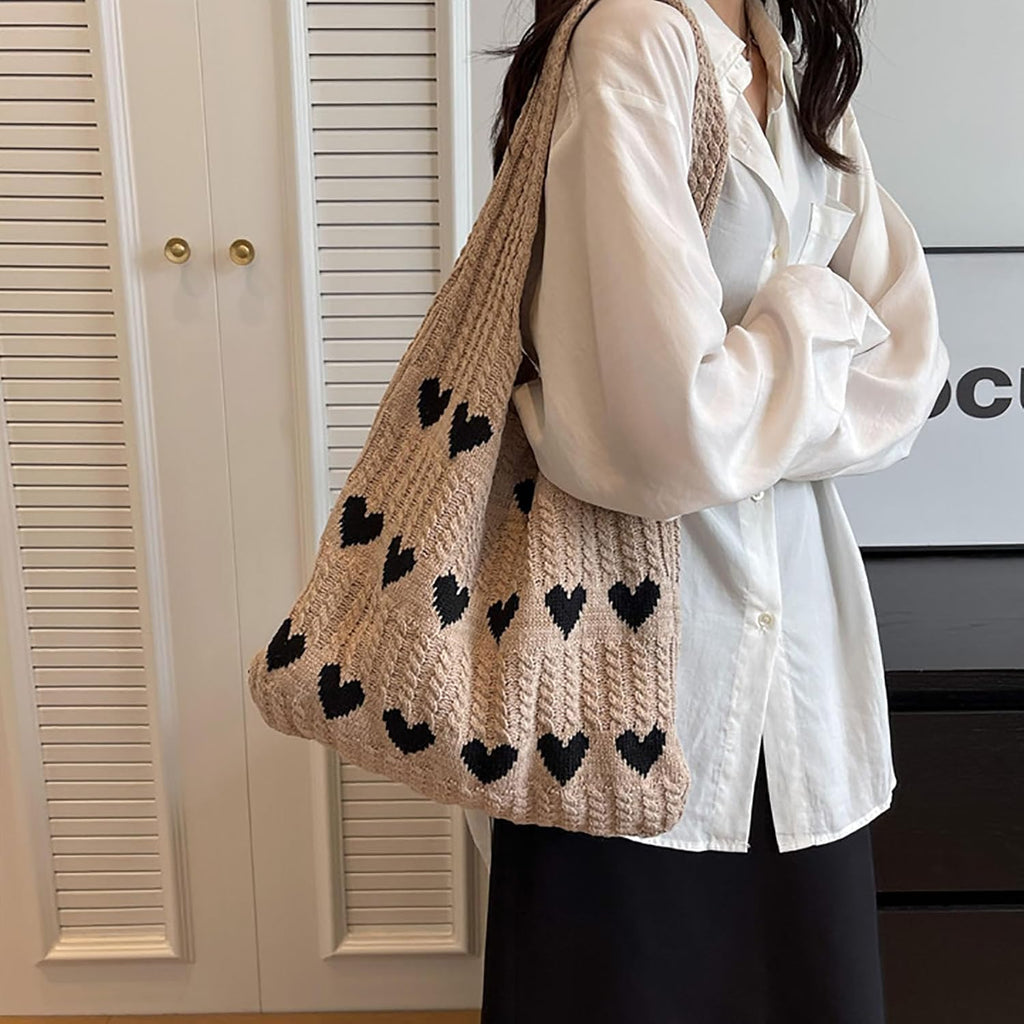 Kawn® Premium Knitted Heart Pattern Tote Bag Large Stylish and Durable Trendy bag for Everyday Use Beach Shopping Travel Work – Comfortable and Trendy Design (Khaki)