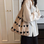 Kawn® Premium Knitted Heart Pattern Tote Bag Large Stylish and Durable Trendy bag for Everyday Use Beach Shopping Travel Work – Comfortable and Trendy Design (Khaki)