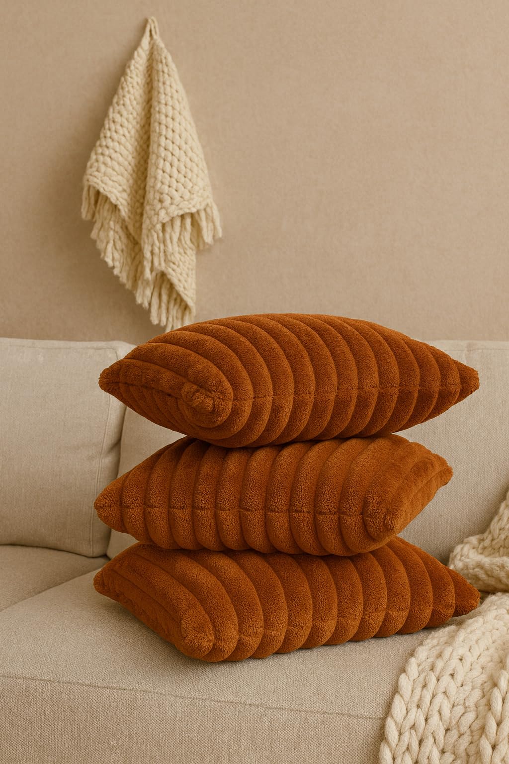 AWARD VELVETS Premium Faux Rabbit Fur Plush Luxury Soft Fluffy Striped Decorative Throw Pillow/Cushion Covers for Sofa, Couch, Living Room - (Rust, 16 x 16 inch) Set of 2
