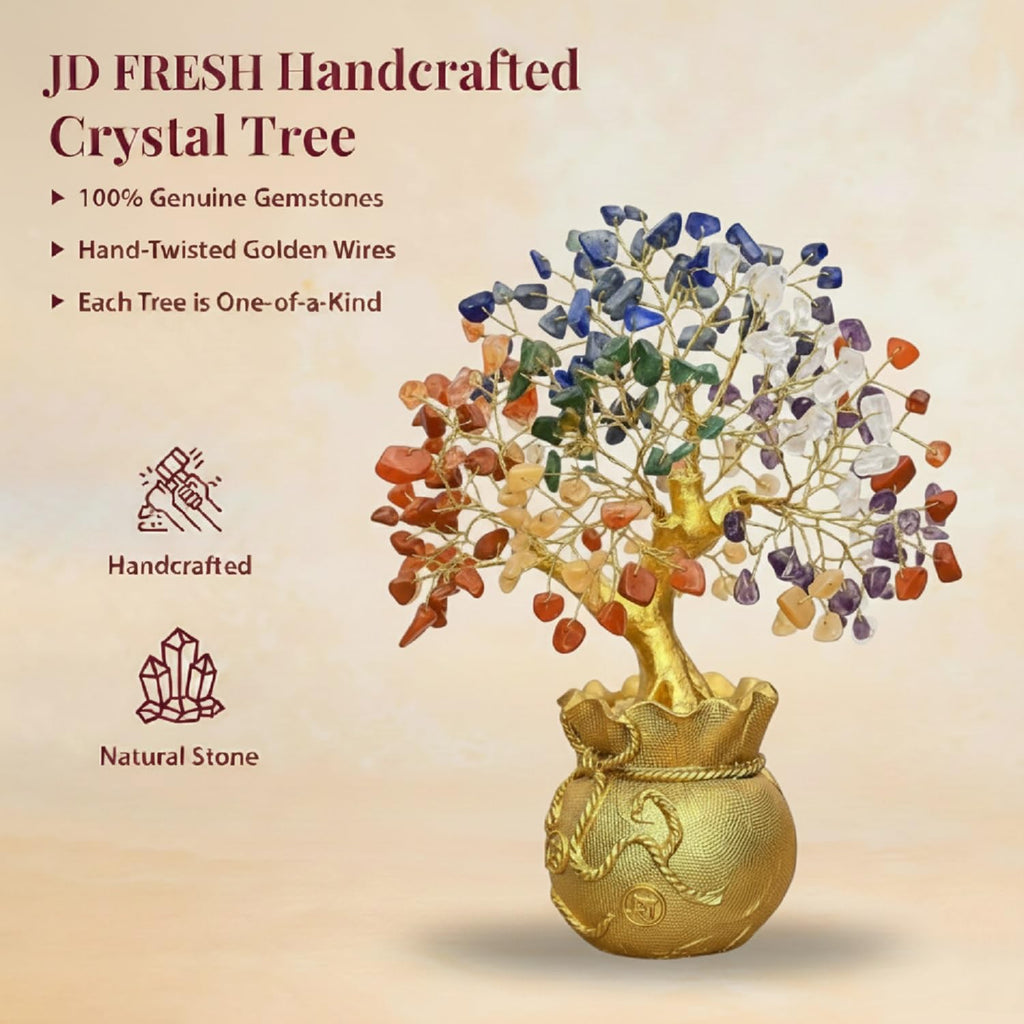JD FRESH Feng Shui 7 Chakra Crystal Tree with Golden Money Bag Base/Natural Gemstone Decorative Showpiece Bonsai Tree for Home & Office Décor, Good Luck Diwali Gift, Wealth & Prosperity