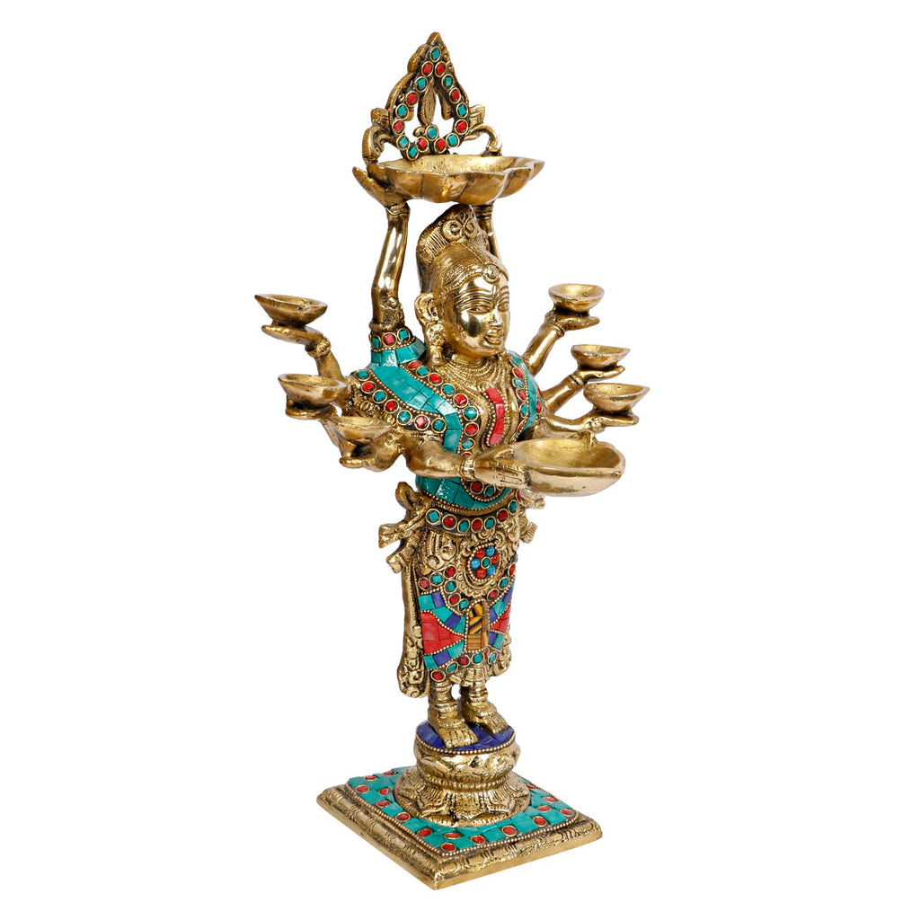 ARTVARKO Lady Diya Eight Oil Lamp Deepak Brass Idol Welcome Lady Deepluxmi Diwali Pooja Light Mandir Home Decor Diyas 15 Inches