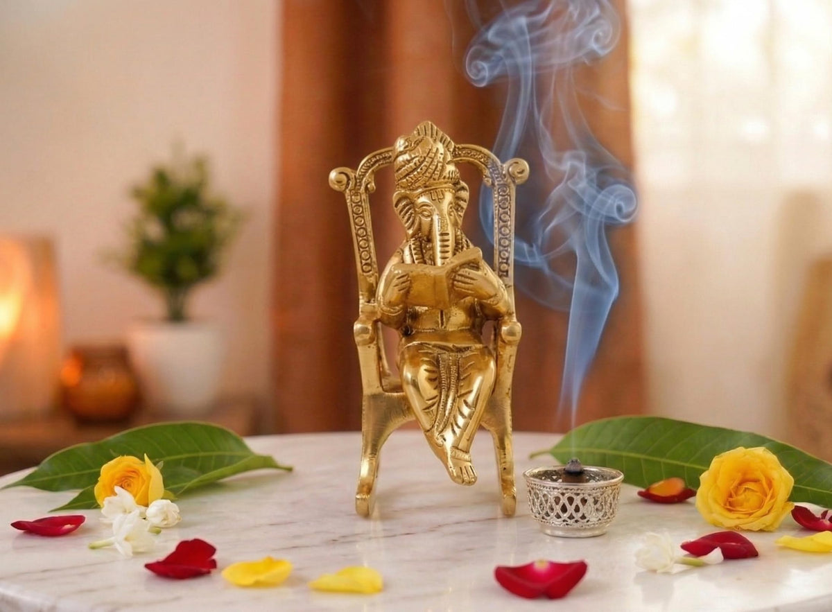 KridayKraft Metal Chair Ganesh ganpati Idol with Reading Ramayan Home Decoration and Gifts for Your Love Once