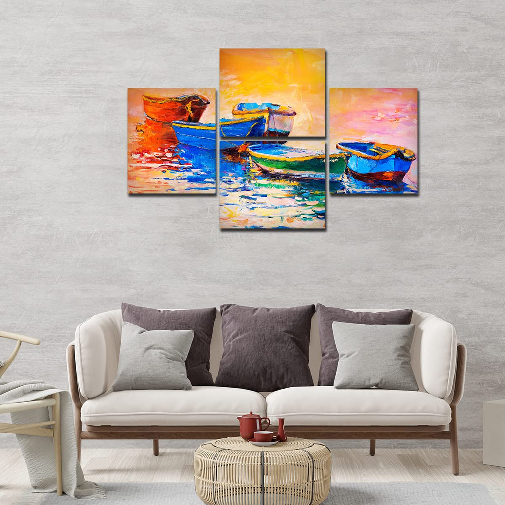 VIBECRAFTS Beautiful Boats And Sunset 4 Pieces Canvas Wall Painting Fitted With Wooden Frame For Home | Office | Living Room | Gifts (PTVC4Pcs4_16501N)