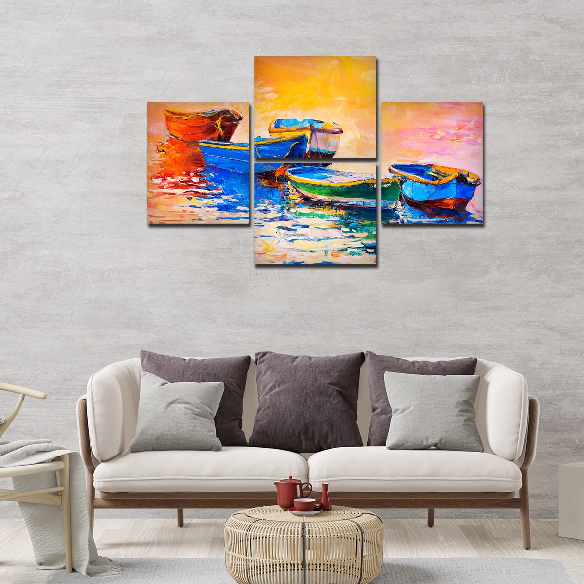 VIBECRAFTS Beautiful Boats And Sunset 4 Pieces Canvas Wall Painting Fitted With Wooden Frame For Home | Office | Living Room | Gifts (PTVC4Pcs4_16501N)
