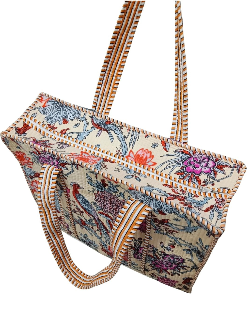 Raj Handicrafts Cotton Printed Tote Bag,Hand Bag Multicolor Quilted Hand Block Floral Printed Women's Carry Bag Shoulder Shopping Tote Bags 18x5.5x16 Inch (Peach 1)