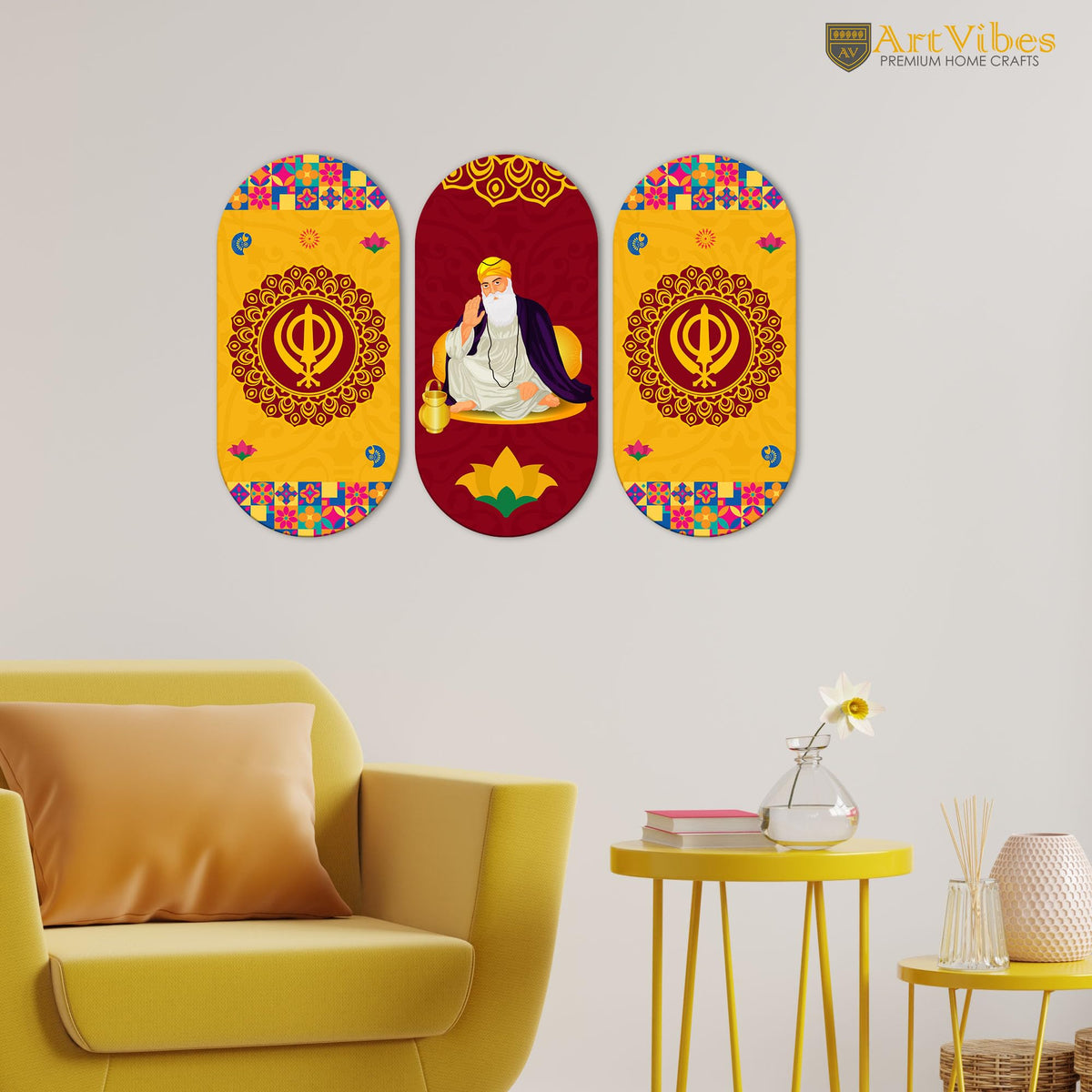 Artvibes Guru Nanak Ji Mdf Wood Wall Art for Home Decor | Spiritual Decor Items | Wall Art Paintings | Wall Illustrations | Wall Poster| Stylish Modern Decor Item | Gift Items (WH_9022N), Set of 3