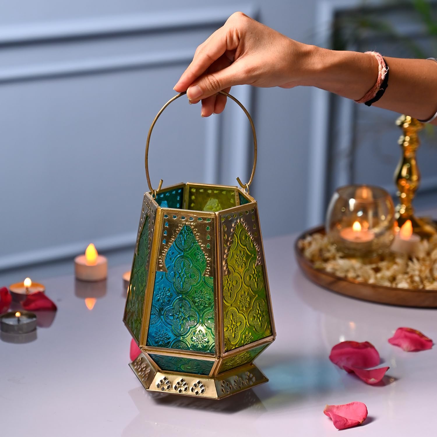 MARKET 99 Metal + Glass Hexagon Tea Light Candle Holders | Multicolor Votive Holders for Diwali, Christmas, Weddings & Birthdays | Decorative T-Light Stand for Home Decor, Festive Lighting & Gifting