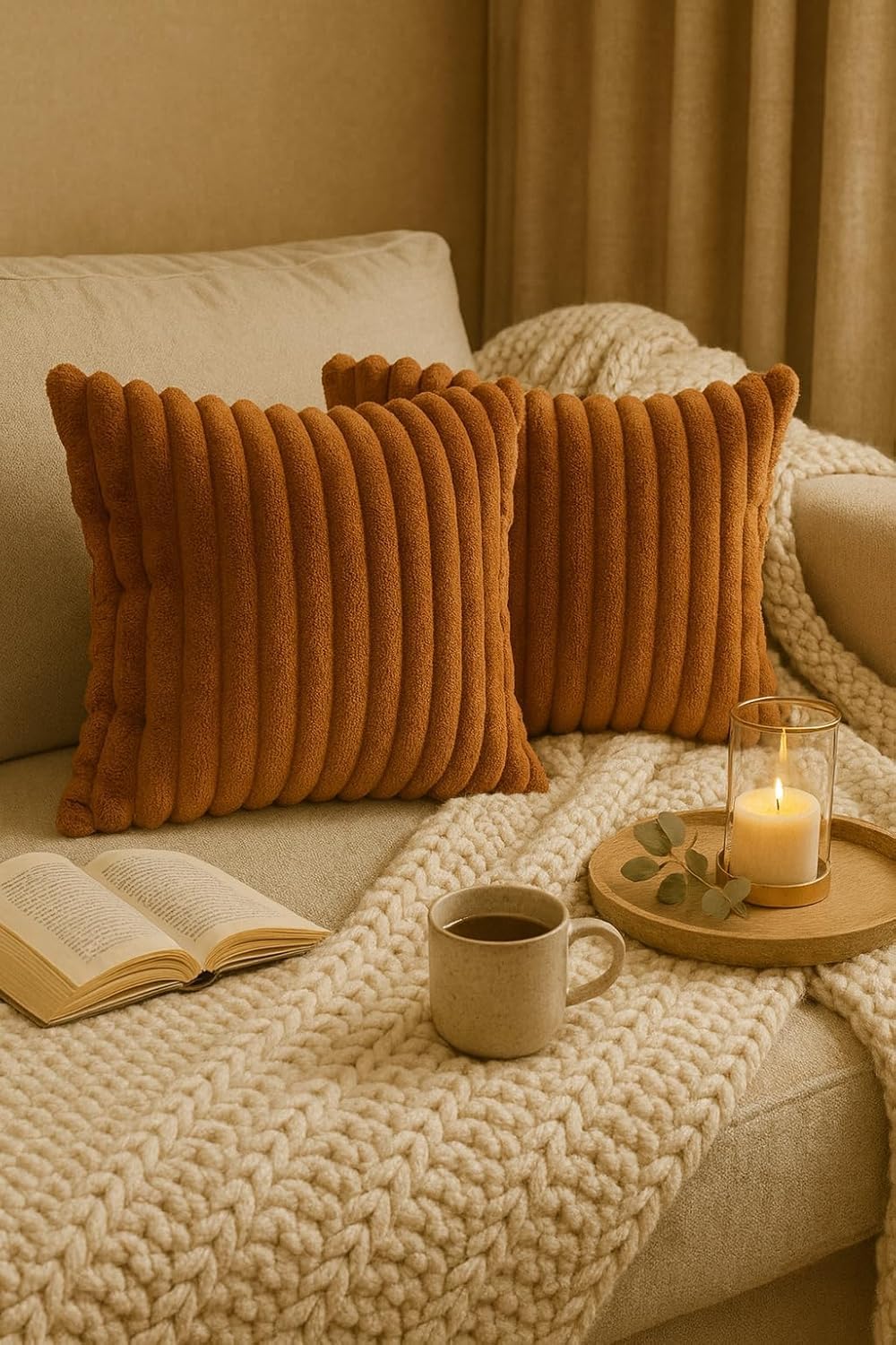 AWARD VELVETS Premium Faux Rabbit Fur Plush Luxury Soft Fluffy Striped Decorative Throw Pillow/Cushion Covers for Sofa, Couch, Living Room - (Rust, 16 x 16 inch) Set of 1