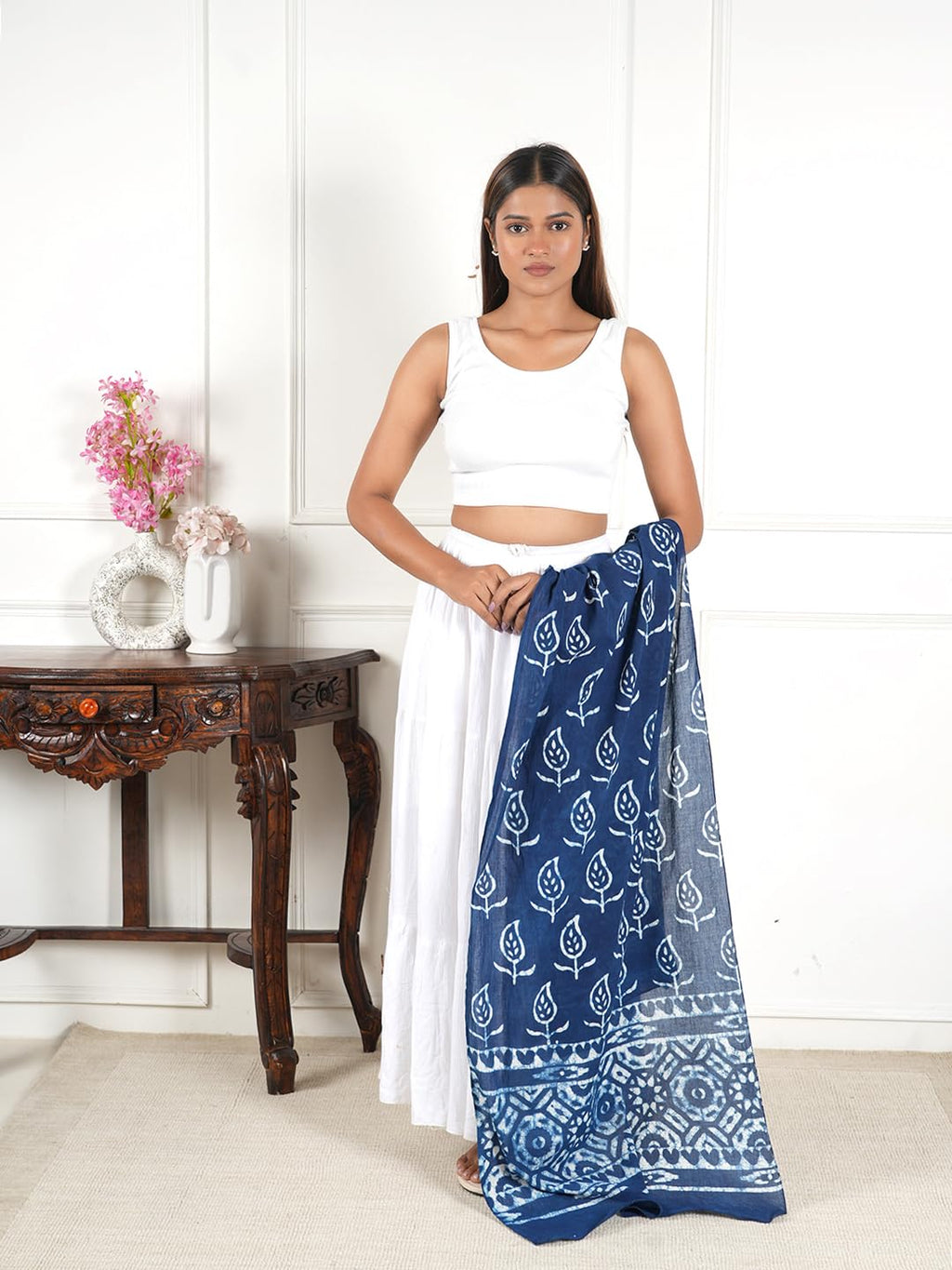 Gutthi Women's Printed Cotton Stoles | Scarf Lightweight & Comfortable for All Seasons, Size (100X180 CM) (Blue)
