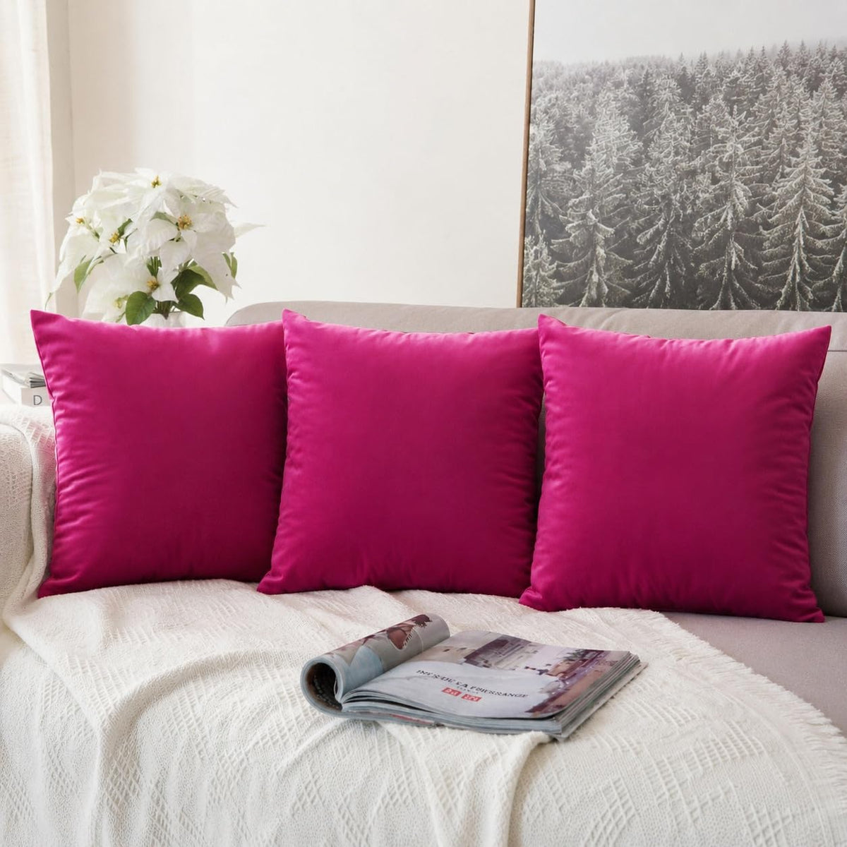 Khooti Velvet Cushion Cover, 22x22 | Pink | Pack of 3 | Solid Plain Soft & Smooth, Decorative Cushion Covers for Living Room, Bedroom, Couches, Chairs, Sofas, Beds & Home Decor