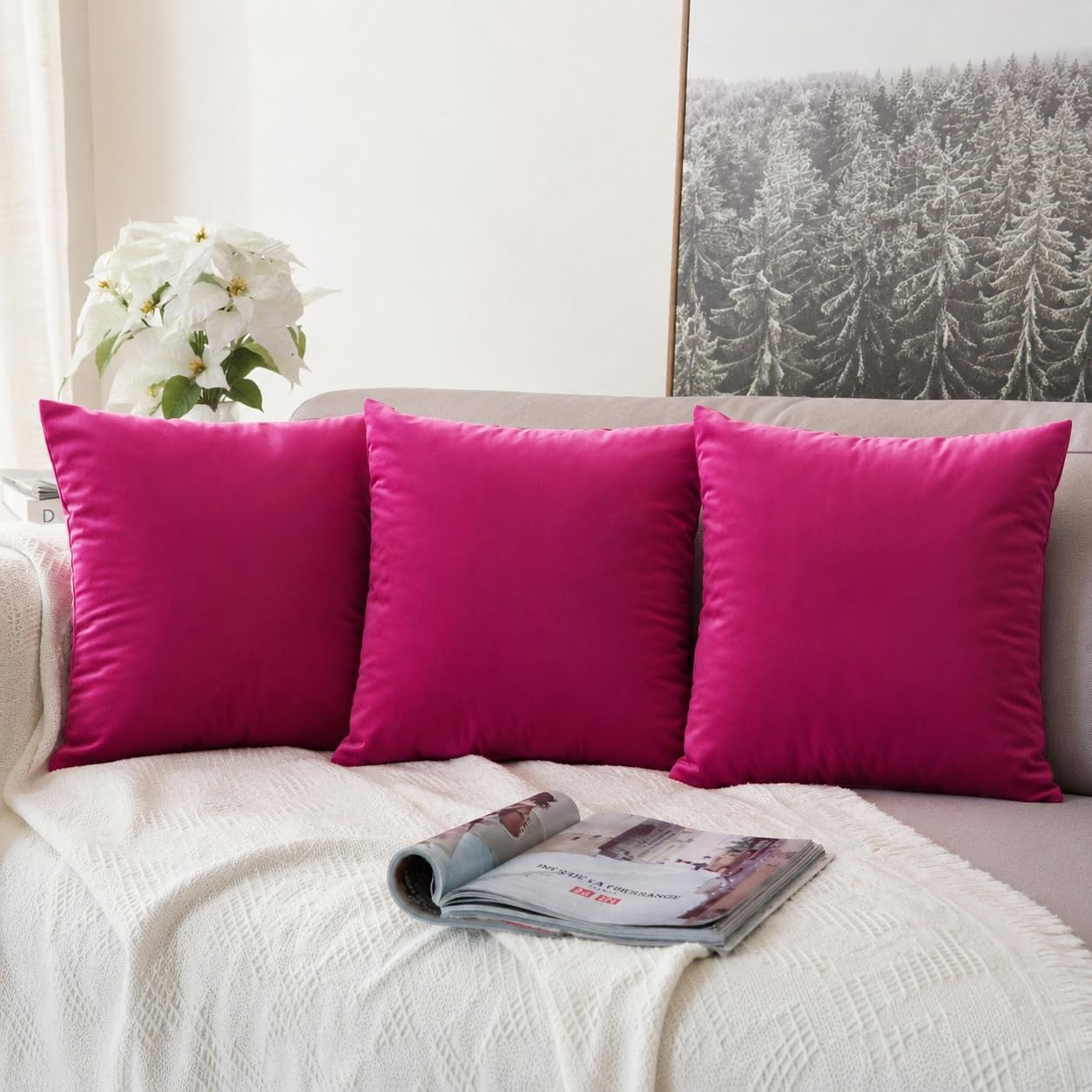 Khooti Velvet Cushion Cover, 20x20 | Pink | Pack of 3 | Solid Plain Soft & Smooth, Decorative Cushion Covers for Living Room, Bedroom, Couches, Chairs, Sofas, Beds & Home Decor