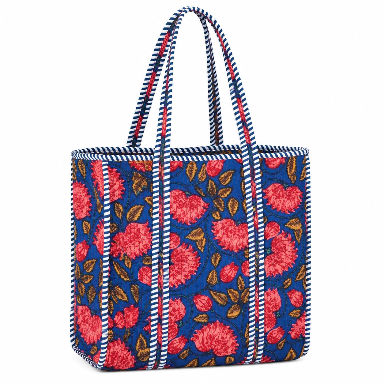 THE CURIO STREET Premium Cotton Tote Bag with Zip Closure I Quilted I Hand Block I Women's Shopping/College/Office/Everyday Bag, Shoulder Bag, 16x16 (Floral; Deep Blue)