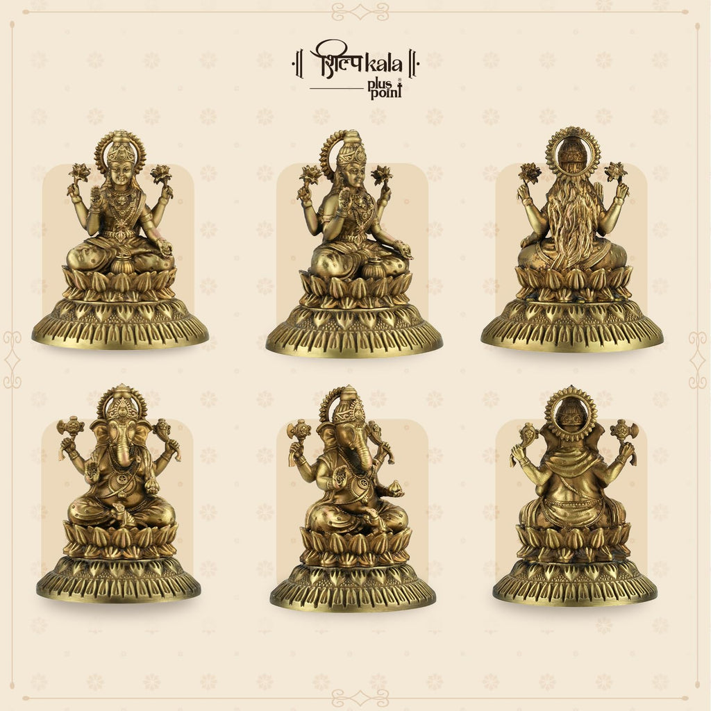 Shilpkala 2.3 Inch Antique Brass Lakshmi & Ganesh Ji Brass Idol - Ultra-Fine Detailing Brass Statue for Temple, Home Decoration, Office Desk Decor, Pooja Room, Meditation & Worship, (Coffee Antique)