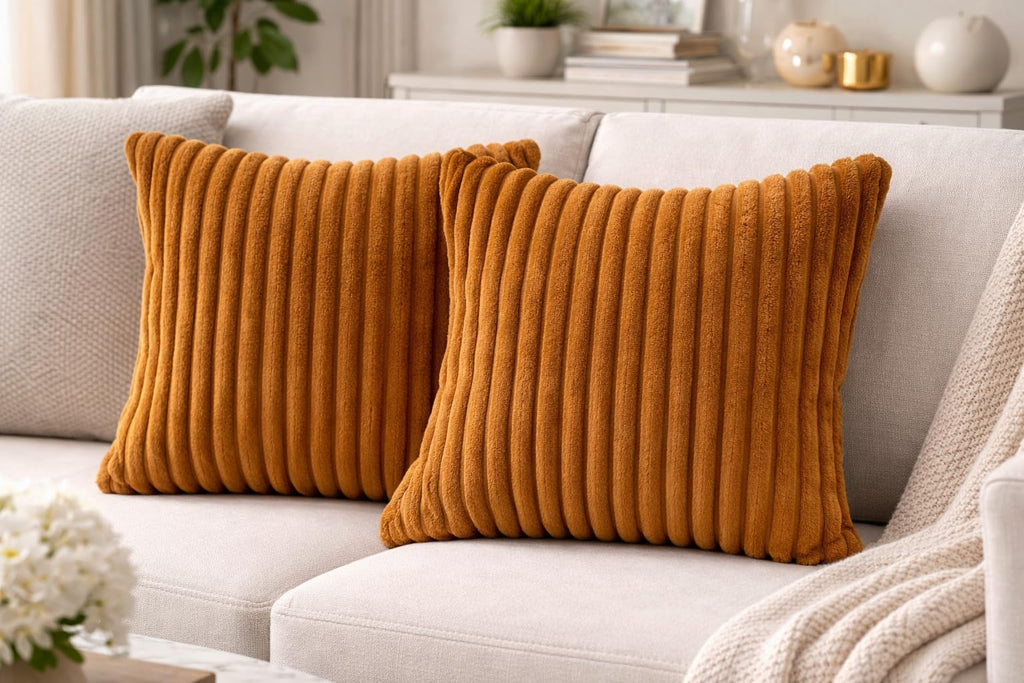 AWARD VELVETS Premium Faux Rabbit Fur Plush Luxury Soft Fluffy Striped Decorative Throw Pillow/Cushion Covers for Sofa, Couch, Living Room - (Light Brown, 16 x 16 inch) Set of 2
