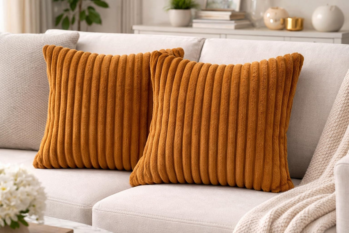 AWARD VELVETS Premium Faux Rabbit Fur Plush Luxury Soft Fluffy Striped Decorative Throw Pillow/Cushion Covers for Sofa, Couch, Living Room - (Light Brown, 16 x 16 inch) Set of 2