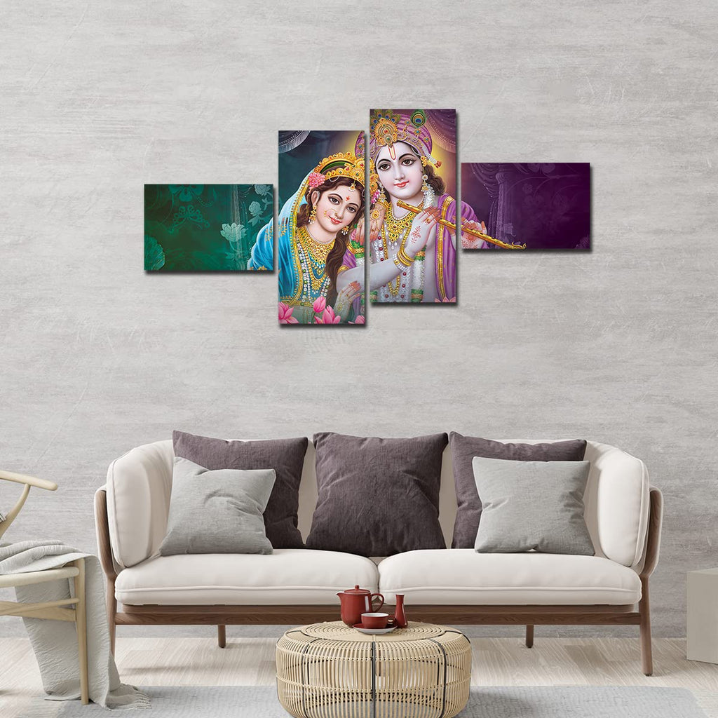 VIBECRAFTS Shree Krishna With Radha 4 Pieces Canvas Wall Painting Fitted With Wooden Frame For Home | Office | Living Room | Gifts (PTVC4Pcs3_15501)