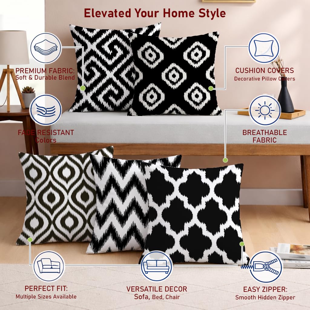 STITCHNEST Set of 5 Polycotton Cushion Covers – 24x24 Inches – Black & White Ikat Geometric Print – Elegant Cushion Covers for Sofa & Living Room | Perfect for Home Decor