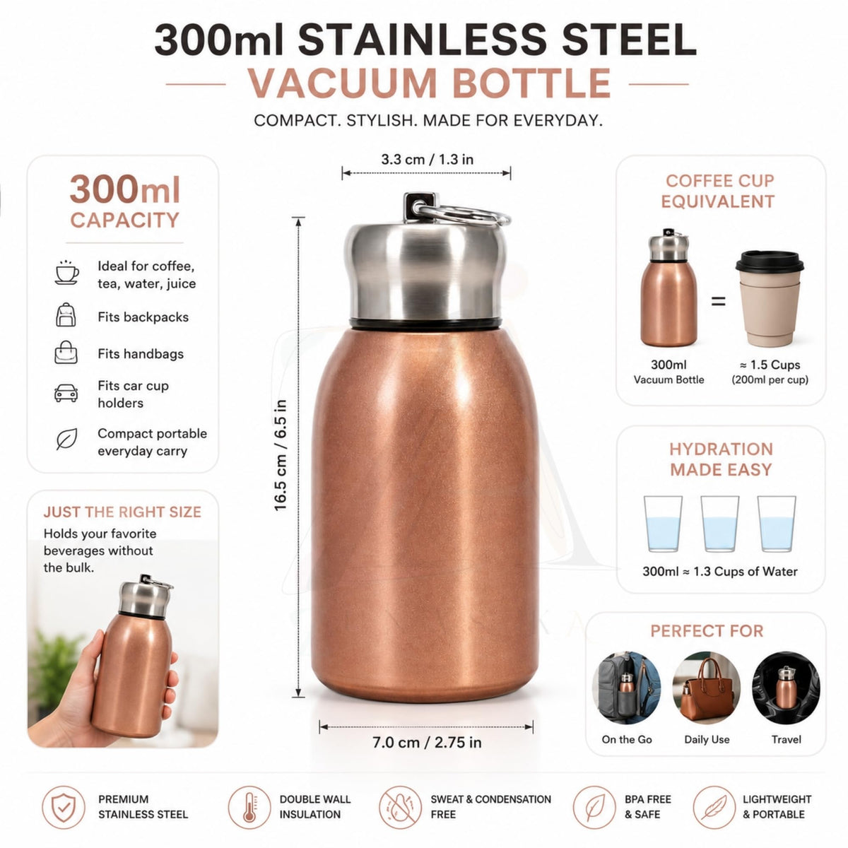 Premium Butterfly Print 300ml Insulated Stainless Steel Water Bottle | Hot & Cold Vacuum Flask | Leakproof Travel Bottle for Office, Gym, Car, Women & Girls Gift (300ml, Rose Gold/Copper)