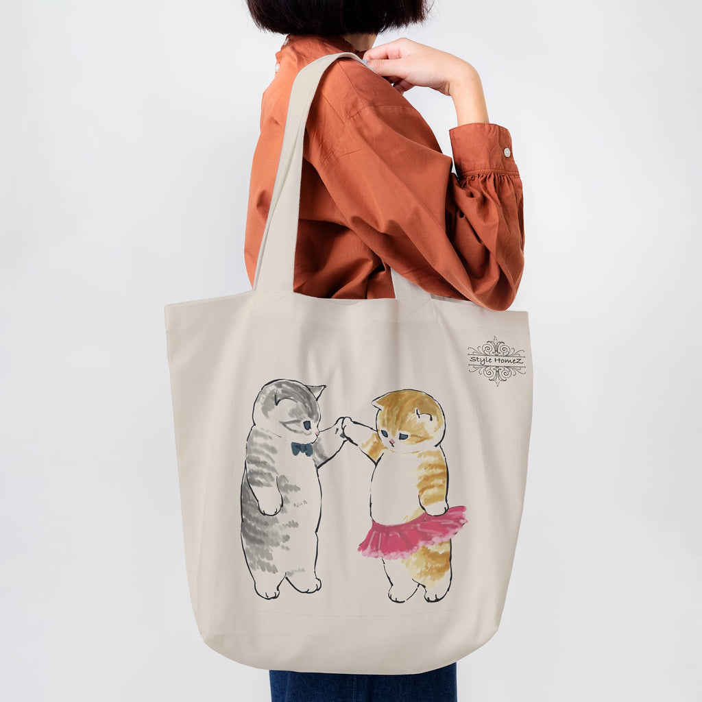 Style Homez Classic Eco-Friendly & Reusable Cotton Canvas Grocery Tote Bag, Medium Size 16 x 14 Inch Natural Color (CATS IN SKIRT)