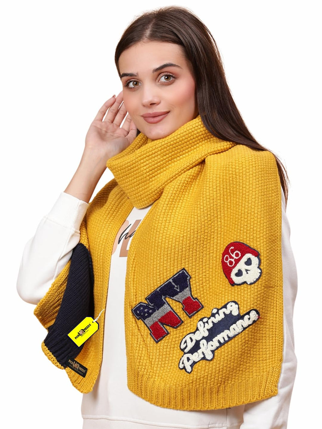 Pick Ur Needs Women Winter Woolen Muffler with Trendy Patch Design Soft Warm Knitted Scarf for Girls & Ladies Stylish Casual Mufflers (Yellow)