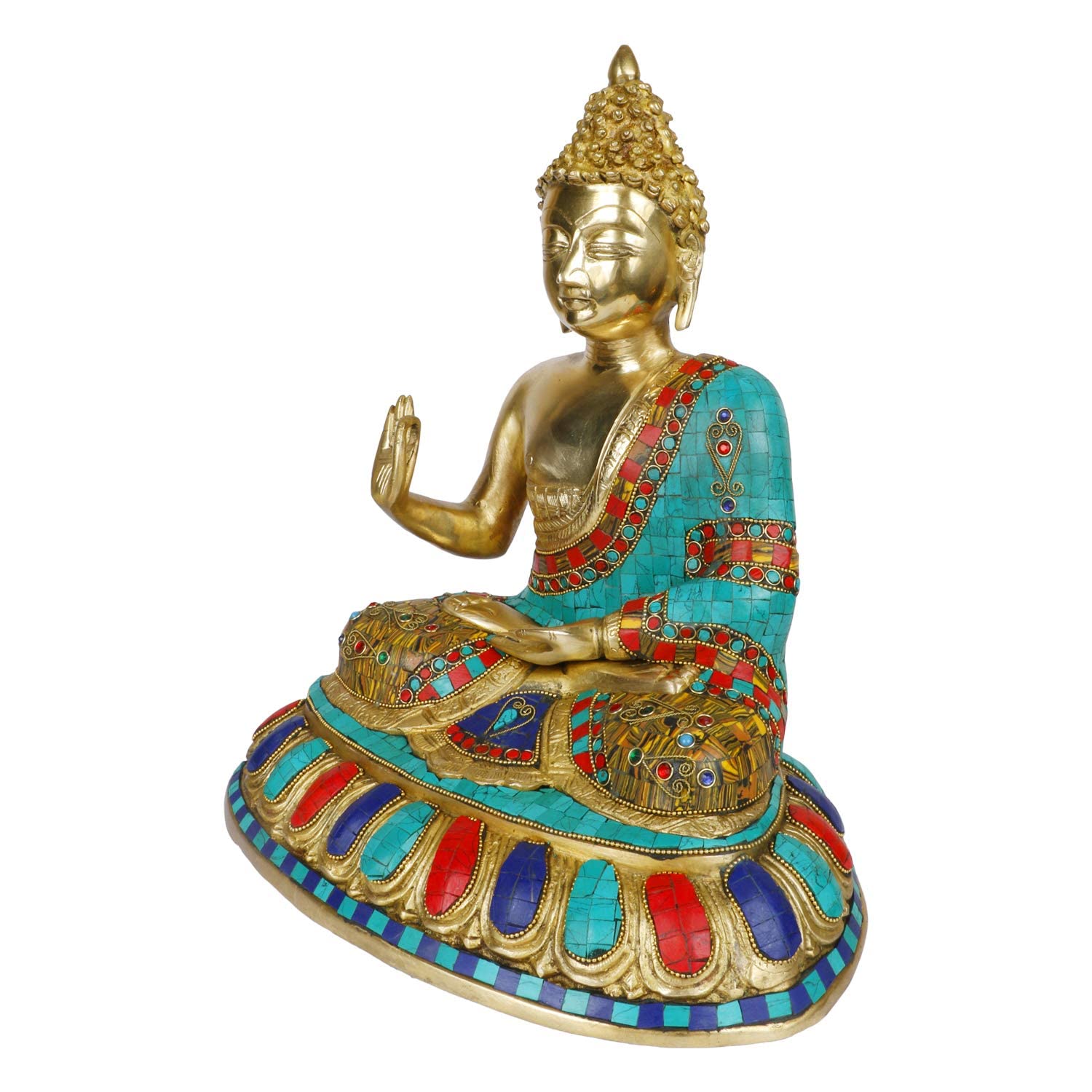 Svarup Brass Gautam Buddha Idol Statue Murti Draped in Stone Embellished Shawl for Home Decoration Blessing Buddha Height 14 Inch Weight 7.9 Kg Color Turquoise
