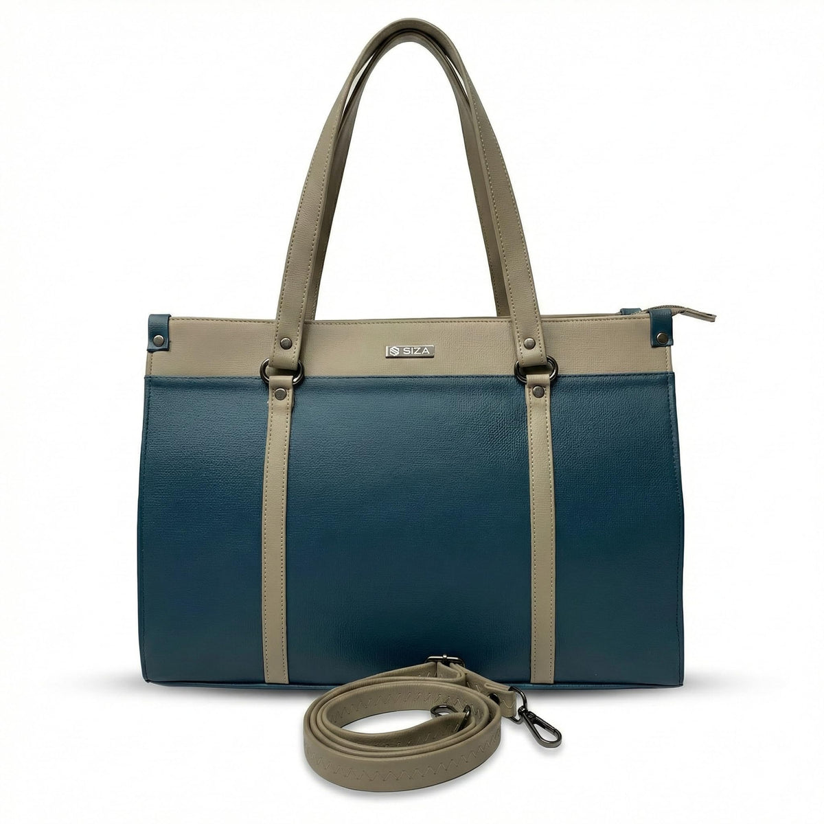 Siza Premium Women Handbag, PU Leather Tote Bag with Sling Strap, Zip Closure Office & Daily Use Shoulder Bag, Dual Handle Large Capacity Work Purse, Teal Blue & Beige