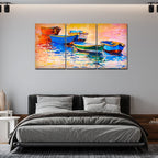 VIBECRAFTS 3 Pieces Boats In Sunset Canvas Wall Painting Fitted With Wooden Frame For Home | Office | Living Room | Gifts(PTVC3Pcs3_11502)