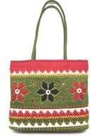 SriShopify Handcrafted Women’s Tote Bag Bridal Handbags for Wedding Ethnic Designer Handle bag Olive Mehndi birthday sankranti gift items for ladies (30x40x10 cm Original Mirror Work Stylish Applique)