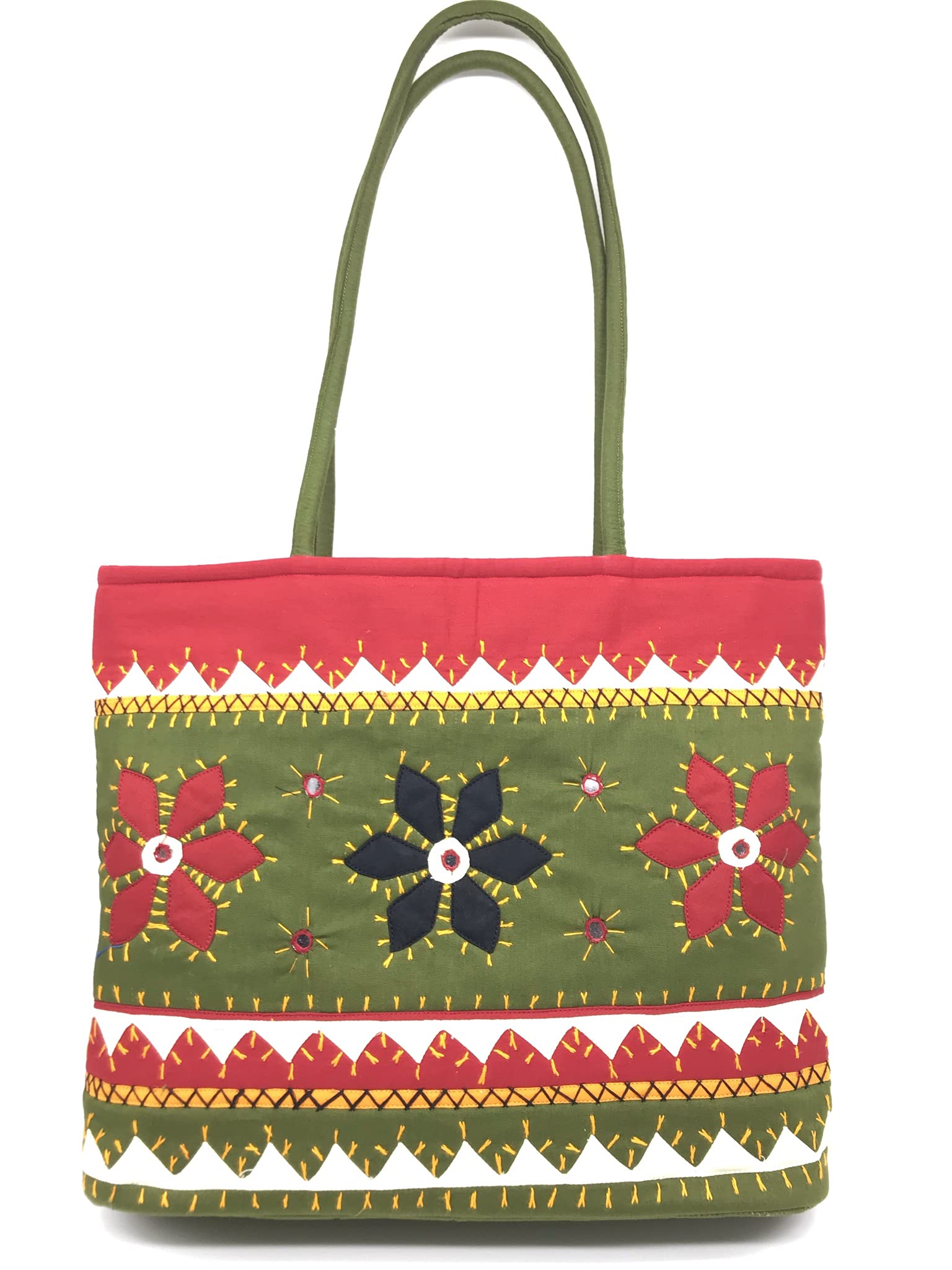 SriShopify Handcrafted Women’s Tote Bag Bridal Handbags for Wedding Ethnic Designer Handle bag Olive Mehndi birthday sankranti gift items for ladies (30x40x10 cm Original Mirror Work Stylish Applique)