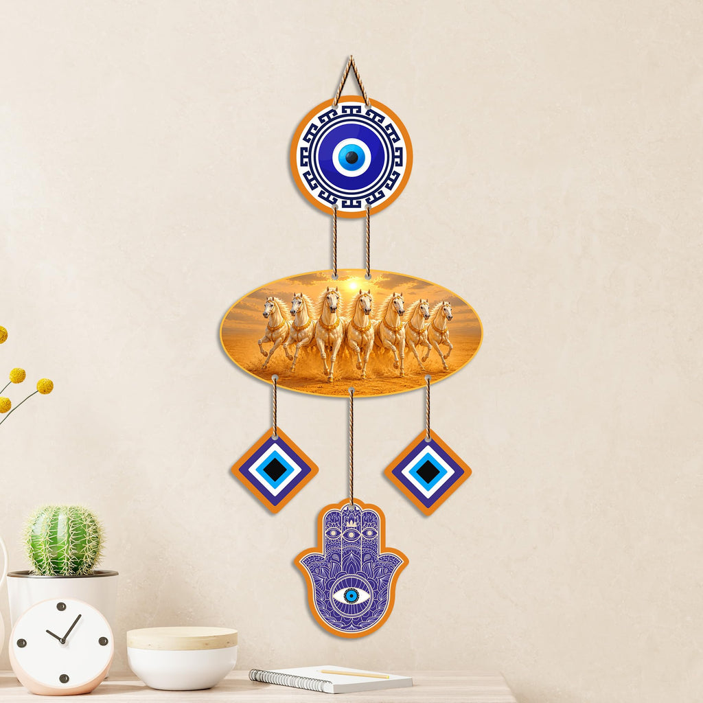 Artvibes Seven Running Horses Evil Eye Wall Hanging for Home Entrance Door Decor | Vastu Feng Shui Lucky Horses Wall Art with Nazar Battu Protection for Wealth Success Prosperity (WH_85131N)