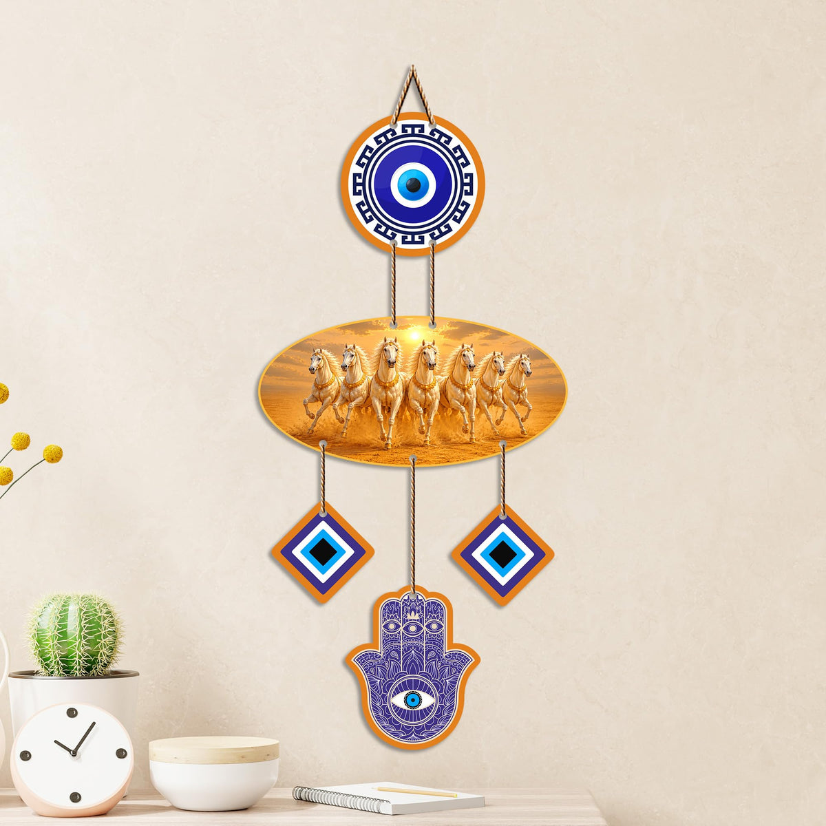 Artvibes Seven Running Horses Evil Eye Wall Hanging for Home Entrance Door Decor | Vastu Feng Shui Lucky Horses Wall Art with Nazar Battu Protection for Wealth Success Prosperity (WH_85131N)