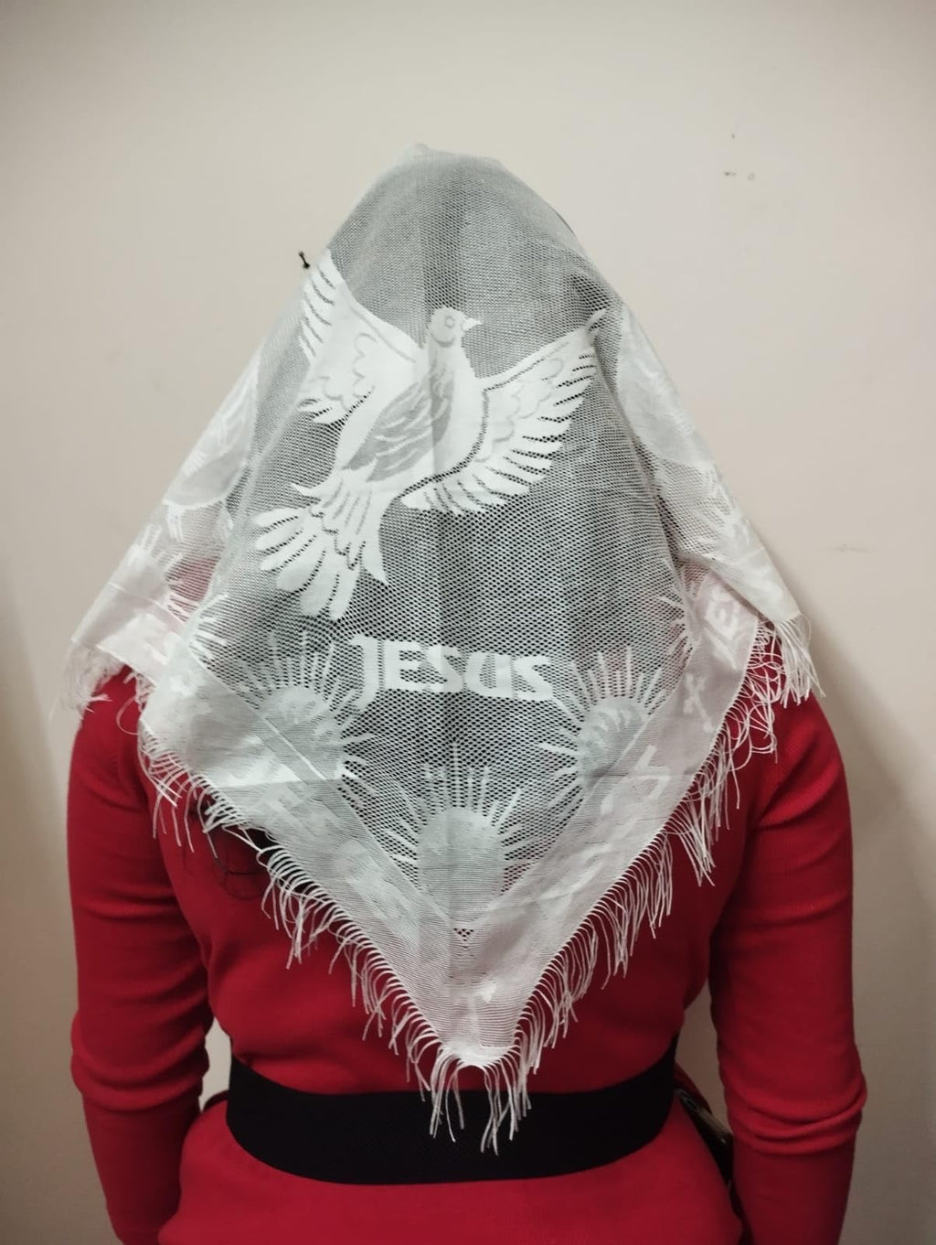 ELITE APRIL Triangle Church Prayer Veil, White, 48x34x25 Inches, Fringe Detail, Religious Head Scarf, Christian church scarf, Catholic mantilla for women.