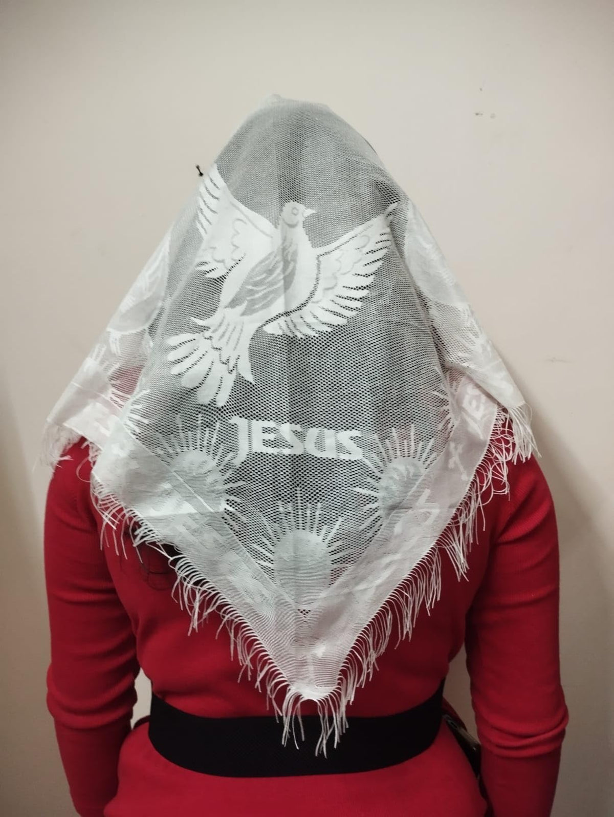 ELITE APRIL Triangle Church Prayer Veil, White, 48x34x25 Inches, Fringe Detail, Religious Head Scarf, Christian church scarf, Catholic mantilla for women.