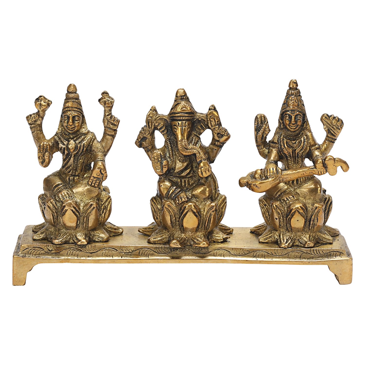 SVARUP Brass Lakshmi Ganesha Saraswati Sitting on Lotus Idol for Diwali Pooja Home Decor 5.5 Inch