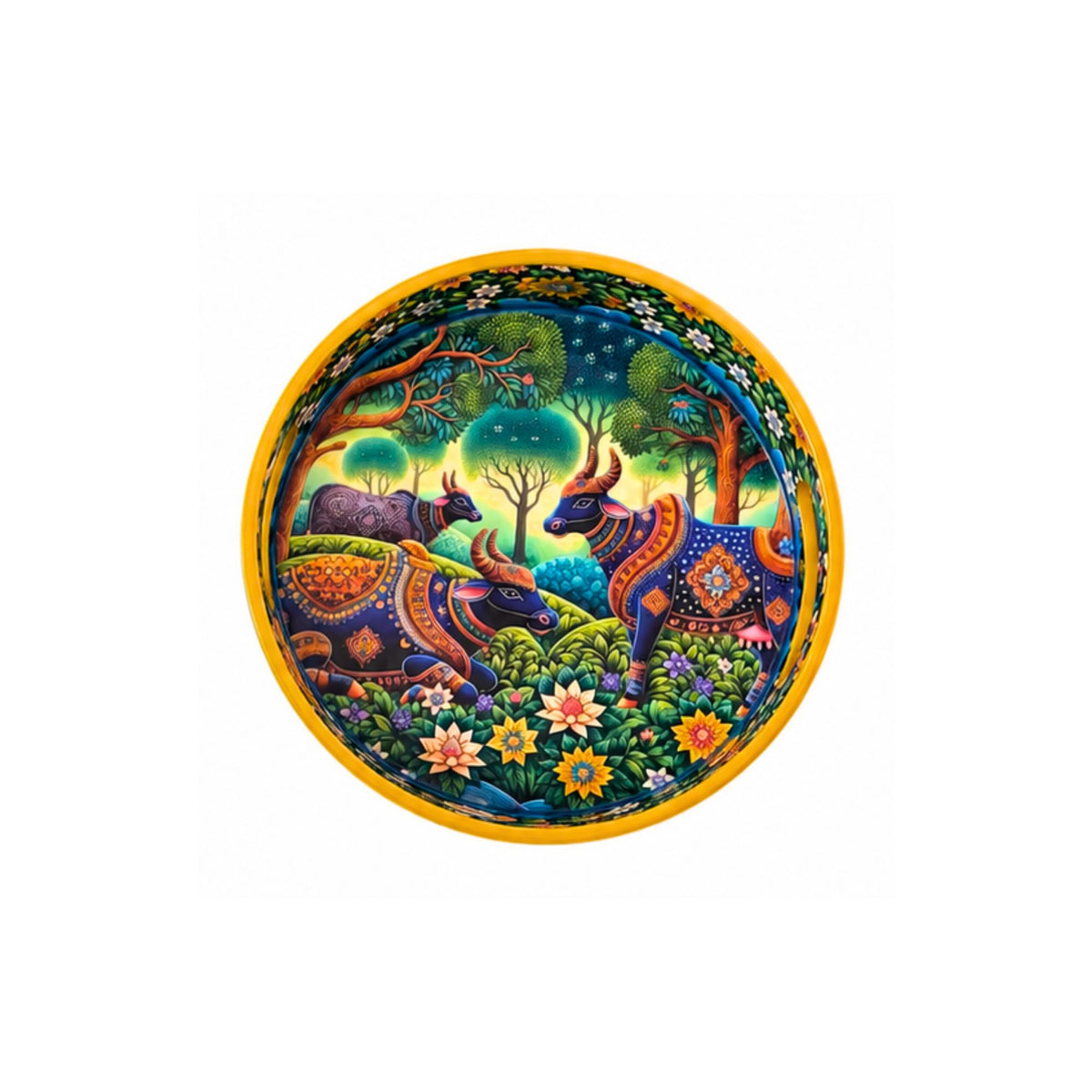 Pavitra Uphaar Pichwai Art Round Serving Tray, Solid Wood Platter with Sacred Cow Design & Celestial Forest Motif, Premium Glossy Finish Decorative Table Decor Tray for Festive Gifting (Medium)