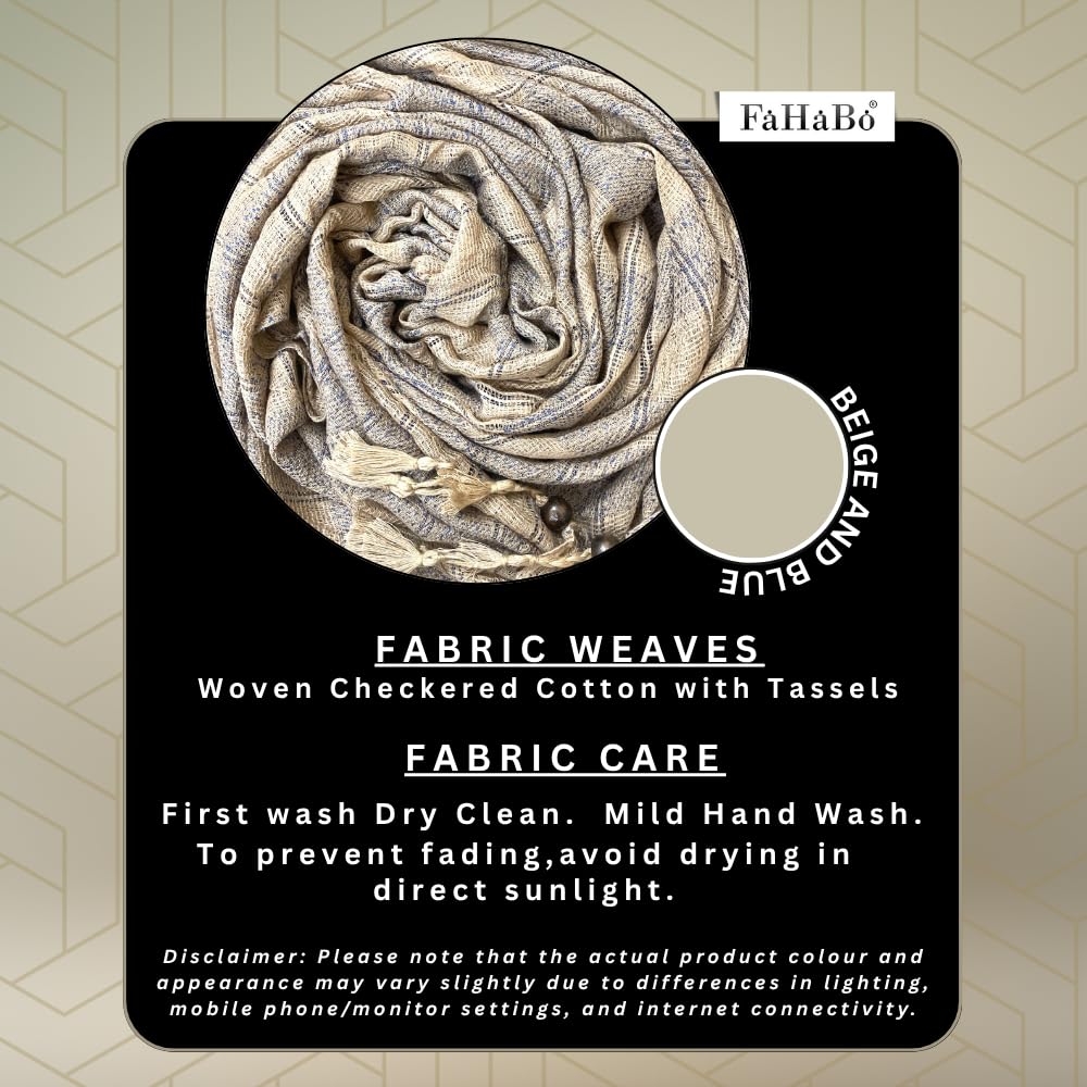FAHABO Woven Checkered Cotton Scarf for Women with Tassels – Lightweight Hijab, Stole & Head/Neck Wrap | Size: 72 L x 32 W (Beige and Blue)