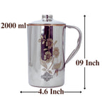 Indian Art Villa Steel Copper Floral Design Jug Pitcher with Lid, Storage & Serving Water, Beneficial for Health, Volume-2000 ML