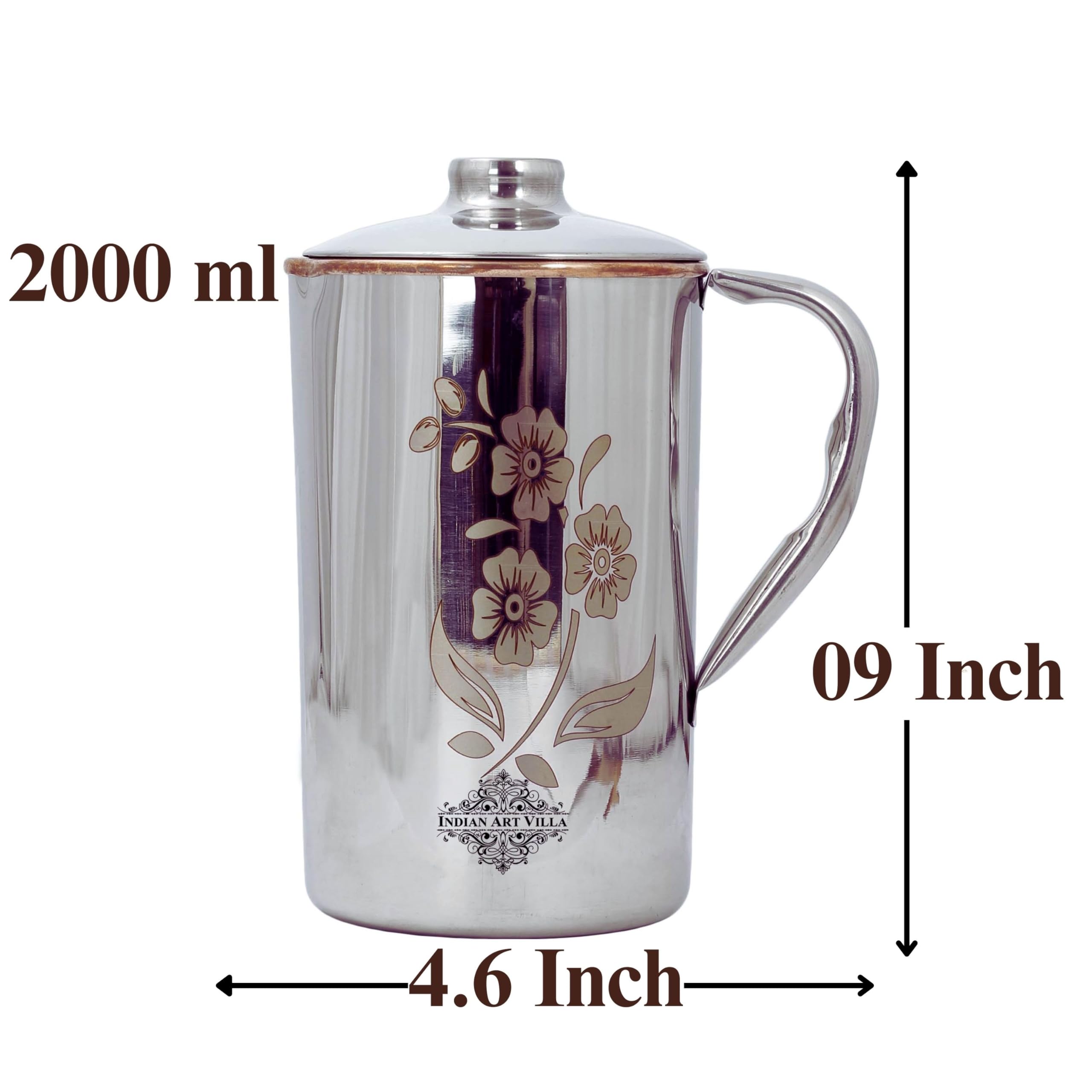 Indian Art Villa Steel Copper Floral Design Jug Pitcher with Lid, Storage & Serving Water, Beneficial for Health, Volume-2000 ML