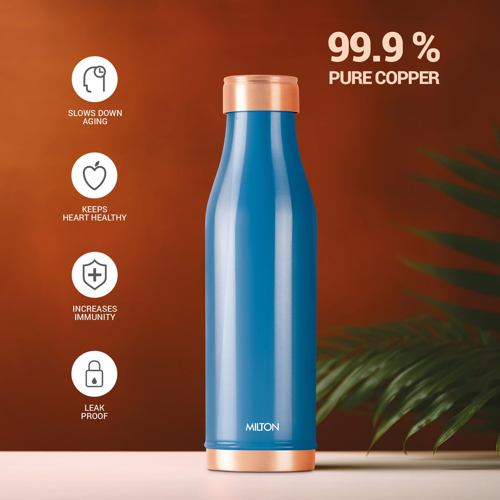 MILTON Copper Charge Water Bottle, 930 ml, Dark Blue | Lacquer Coating, Curved Bottle | Diwali | Festive | Gifting | Yoga | Home | Kitchen | Vedic