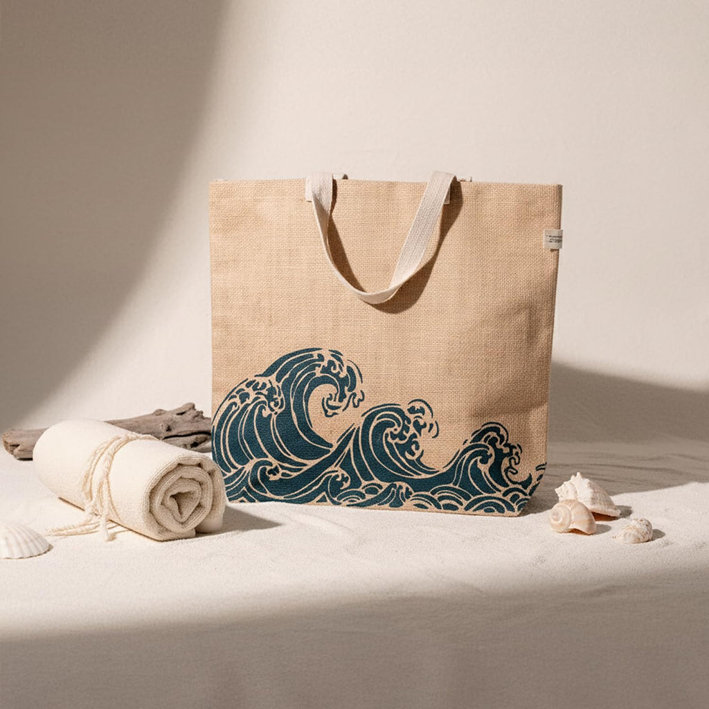 Jute Tote Bag with Cotton Handles | Eco-Friendly Hand Screen Printed Wave Design Shopping Bag | Reusable Natural Jute Bag with Azo-Free Dye Print