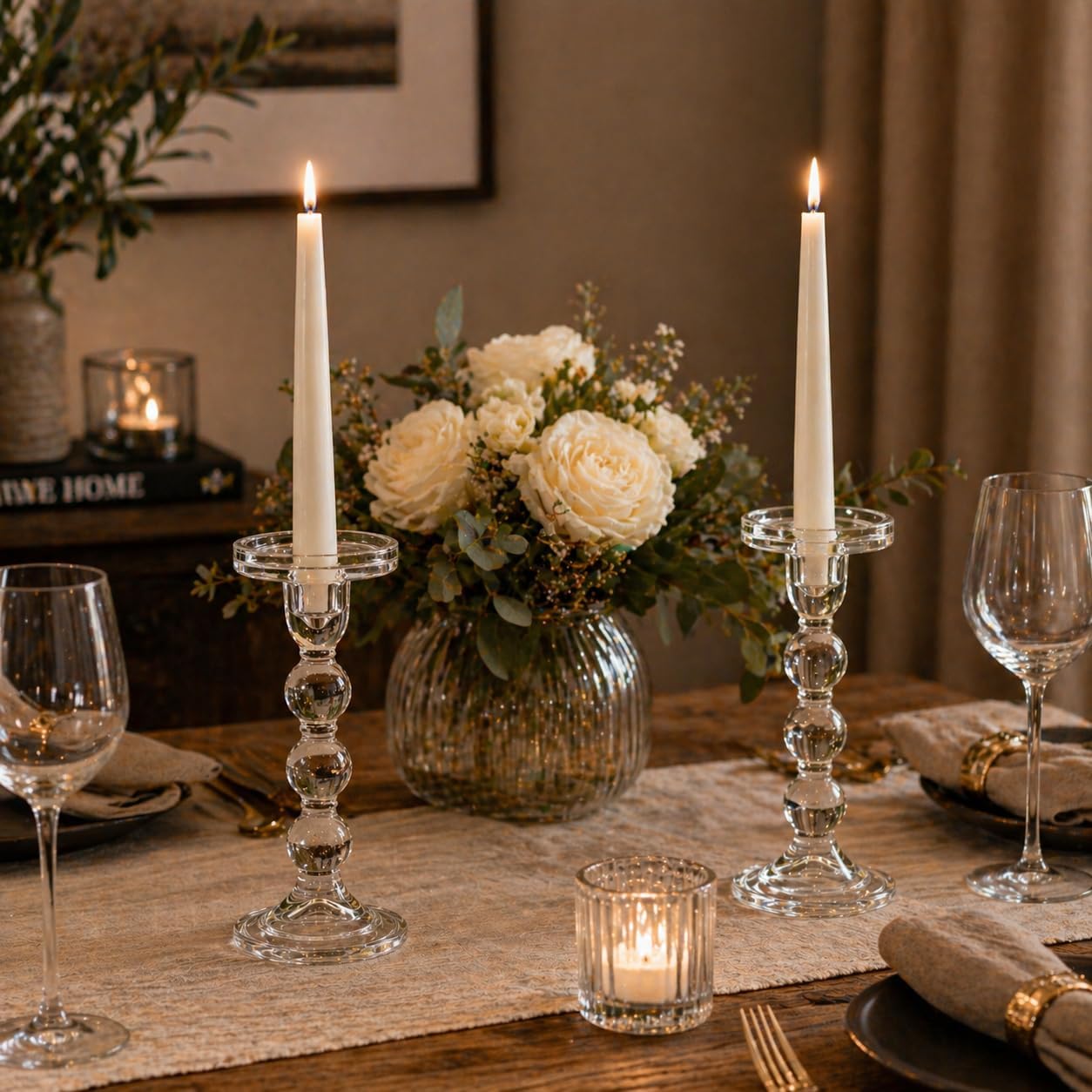 Elegant Glass Candle Holder Stand for Pillar & Taper Candles | Crystal Clear Decorative Candlestick Holder for Dining Table, Wedding, Home Décor, Diwali & Party Decoration