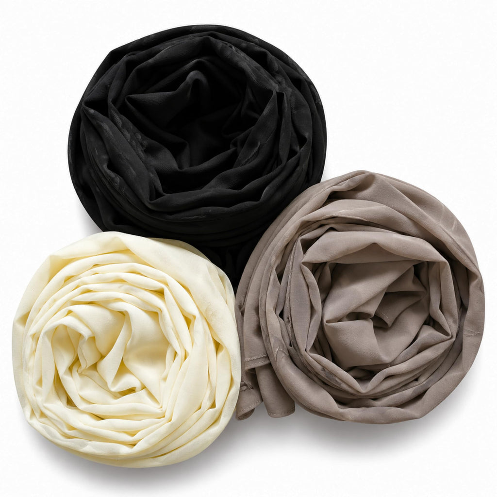Leaf & FEATHER Chiffon Georgette hijab Scarf for Women | 200 cm x 70 cm | Pack of 3 Hijab Set | Lightweight & Breathable | Women's Shawl | Daily Wear & Occasion (Everyday Essentials)