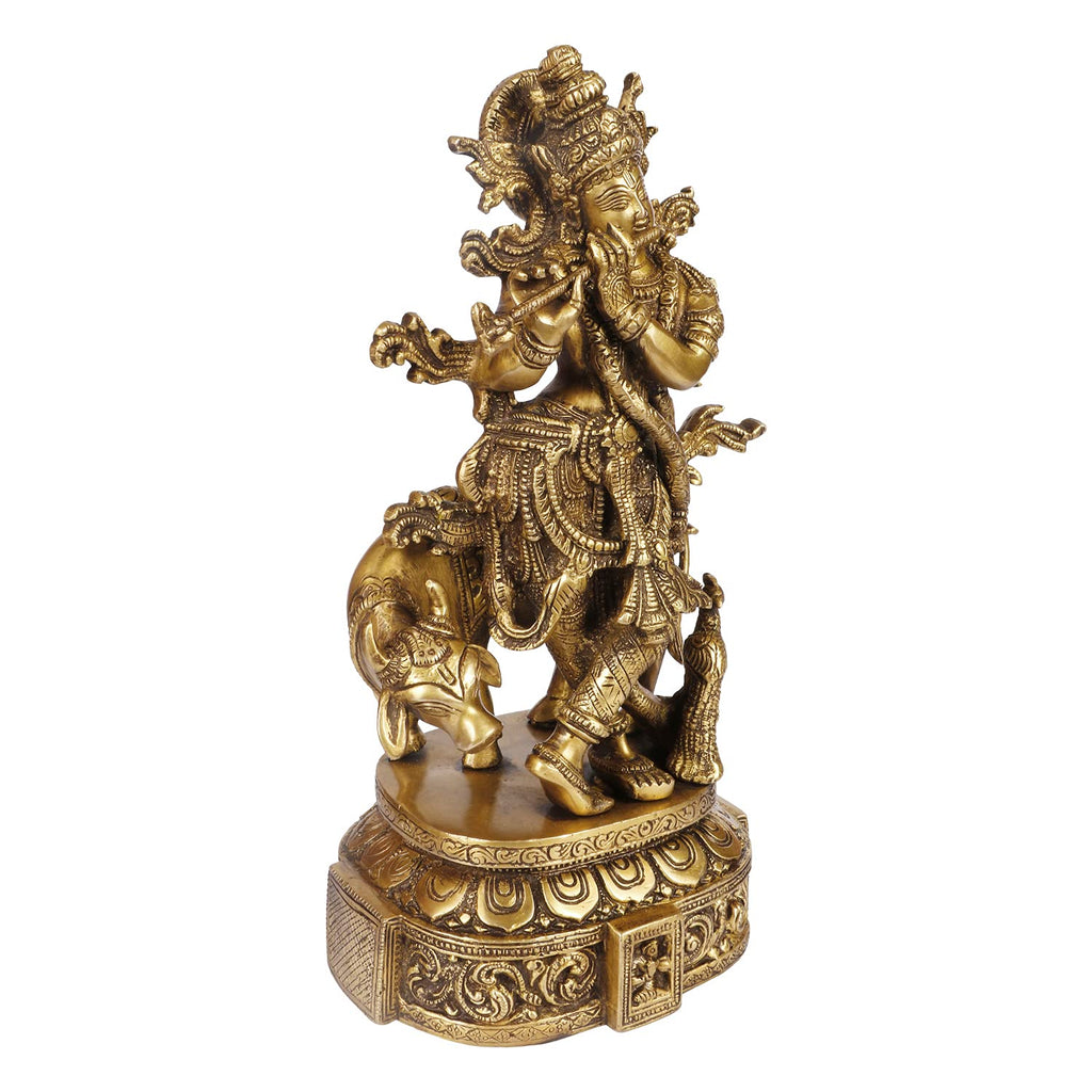 SVARUP Brass Shri Krishna Idol with Cow Kishan Bhagwan Murti Lord Krishna Cow Statue with Flute Big Size Height 12 Inch Weight 4.8 Kg Color Gold