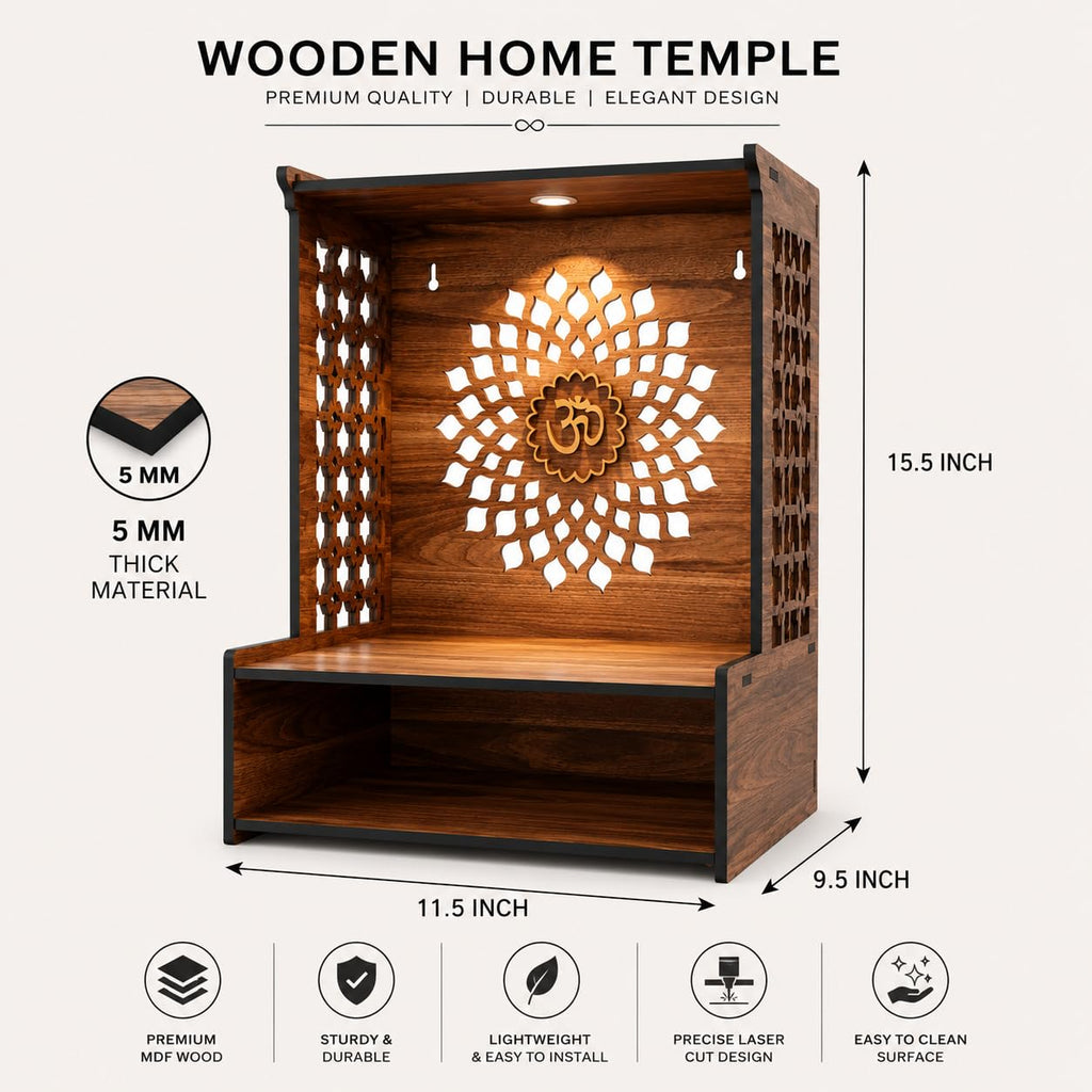 FA6 Wooden Home Temple for Pooja Room 5 MM MDF Mandir for Home with Laser Cut Design, Om Wall Panel & Storage Shelf Compact Pooja Mandir 15.5 x 11.5 x 9.5 Inch