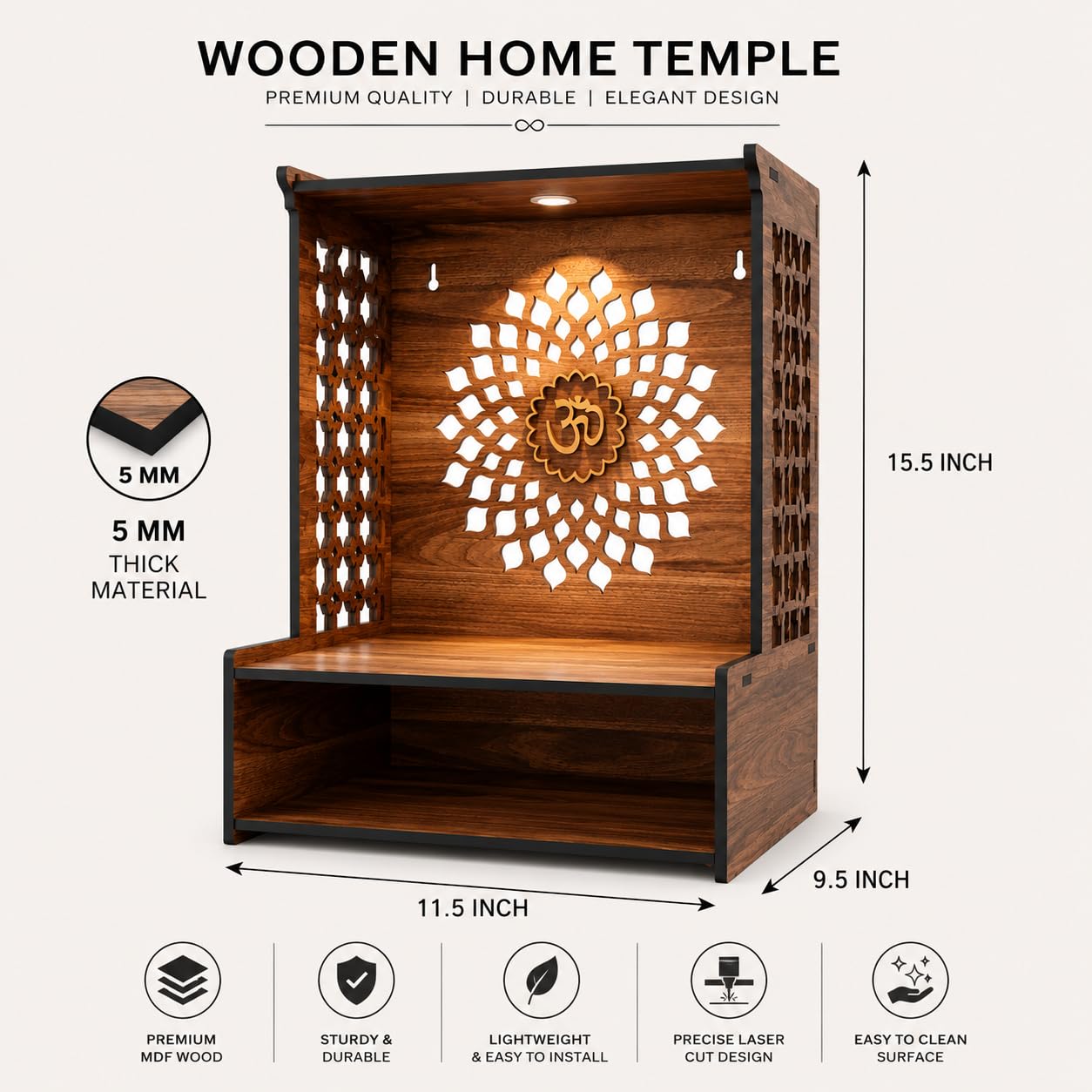 FA6 Wooden Home Temple for Pooja Room 5 MM MDF Mandir for Home with Laser Cut Design, Om Wall Panel & Storage Shelf Compact Pooja Mandir 15.5 x 11.5 x 9.5 Inch