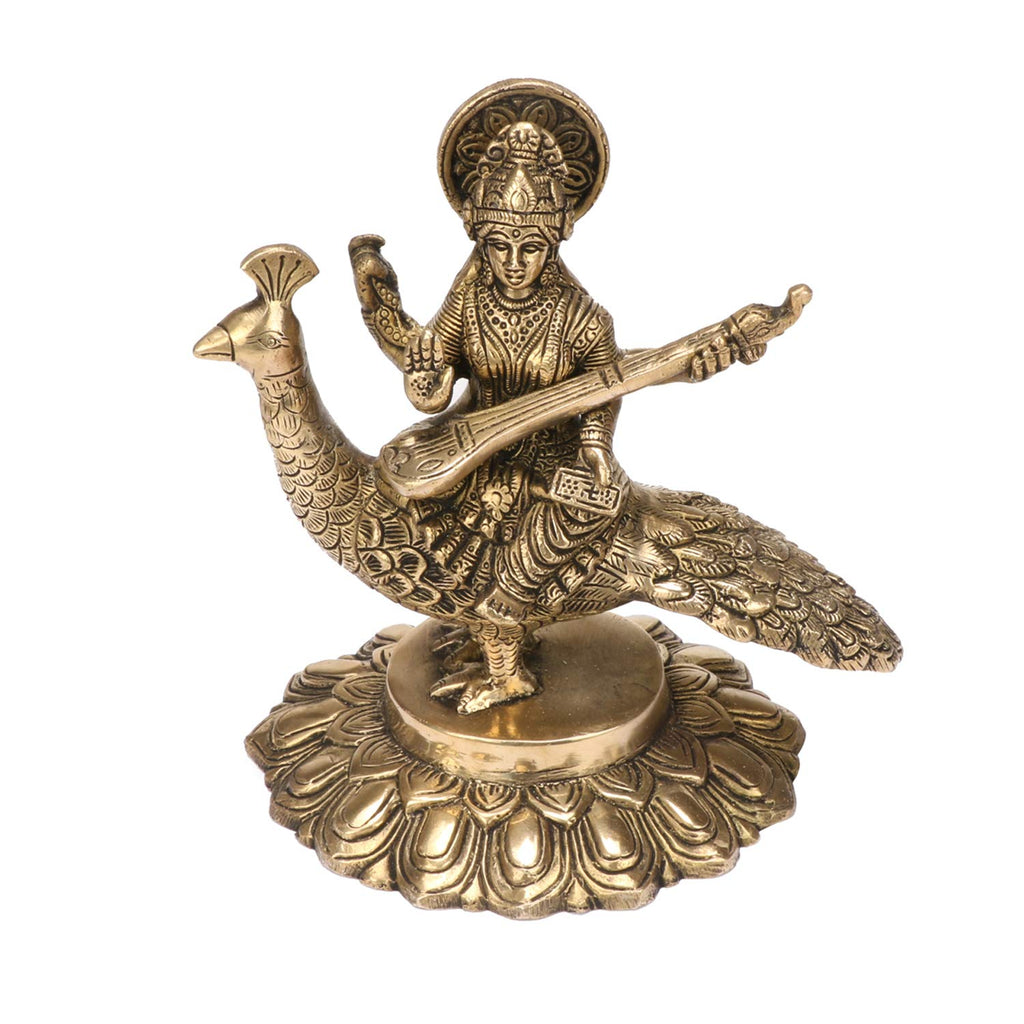 ARTVARKO Brass Goddess Maa Saraswati Statue Sitting on Swan Education Study Vidya Devi Idol Spiritual Puja Vastu Showpiece Religious Murti Sculpture Knowledge Music & Art 7 Inches