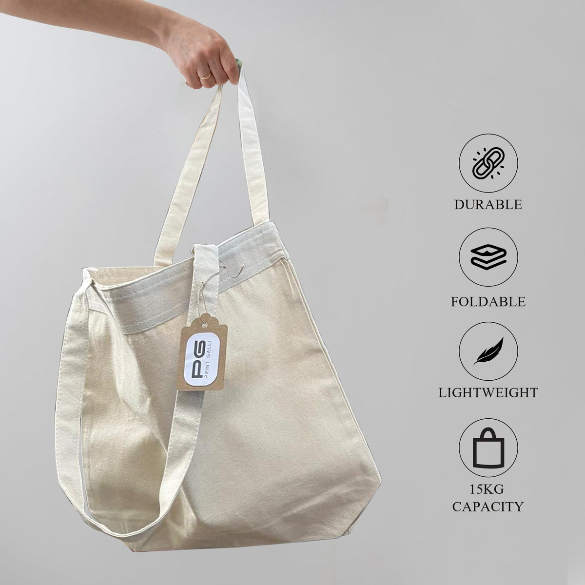 PRINT GALLI 100% Organic Cotton Canvas Tote Bag | Reusable & Durable | Eco-Friendly, Off-White & Spacious Design | Perfect for Shopping, Travel, and Daily Use | Holds Up to 15 Kg